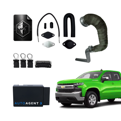 All in One Diesel performance kit for 2020–2022 Chevrolet Silverado and GMC Sierra 1500 Duramax LM2 3.0L trucks, featuring an EZ Lynk Auto Agent 3 tuner, Black bandit Tune File, complete EGR kit, cat and DPF race pipe, and GM Duramax LM2 CAN BUS plug kit.