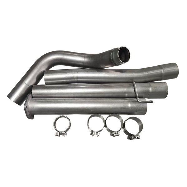 A complete multi-piece stainless steel exhaust delete pipe kit with heavy-duty metal hose clamps for a 2011-2026 Ford 6.7 Powerstroke.