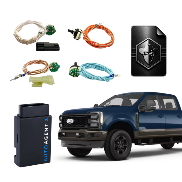 EZ Lynk Auto Agent 3 with various SOTF Switches with Black Bandit Tunes displayed alongside a blue Ford F350 diesel truck on a white background.