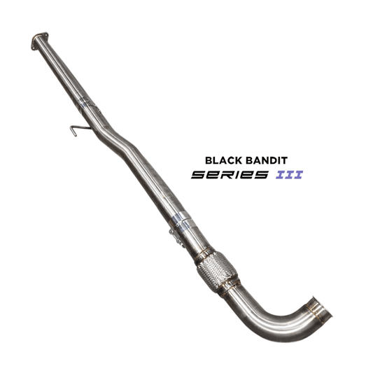 Stainless steel cat and DPF - pipe for RAM EcoDiesel 3.0L vehicles, with the text 'BLACK BANDIT SERIES III' visible.
