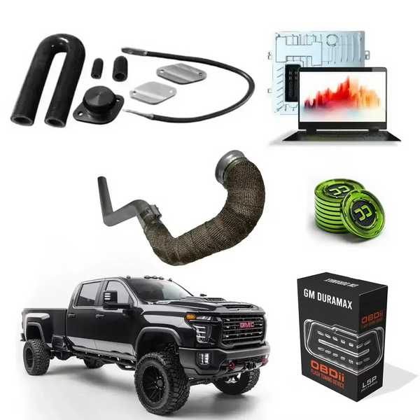 All components of the LM2 - Kit for 2020-2022 Duramax 3.0L engines, including EGR block-off plates, hardware and gaskets laid out on a surface.