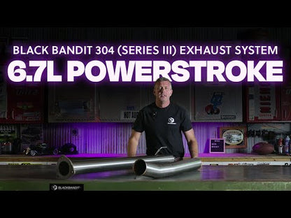 Video demonstrating installation and features of a Ford Powerstroke 6.7L race pipe for 2011–2025 models, showing close-up views of the pipe, compatibility details, and performance benefits.
